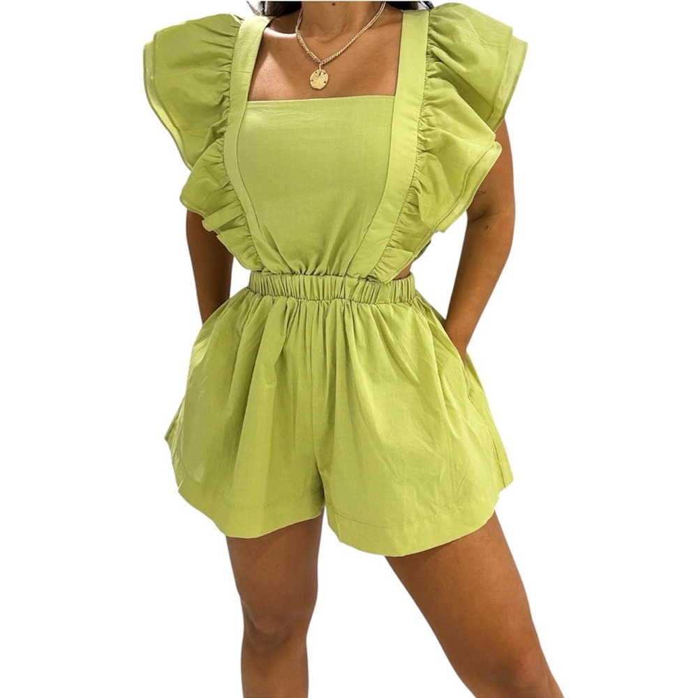 NEW MABLE Ruffle Sleeve Square Neck Apron Cut Romper Side Cut Outs Sz M